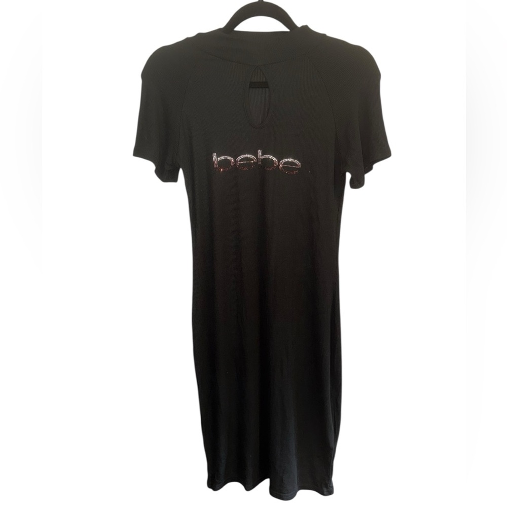 Bebe NWOT Ribbed Black Bodycon Dress with Rhinestone Logo